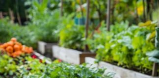 A home garden with various organic vegetables growing in pots and raised beds